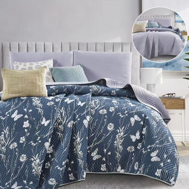 Kołdra letnia narzuta ozdobna dwustronna DIAMOND 160x200 niebieska w kwiaty - jasna szara nr422