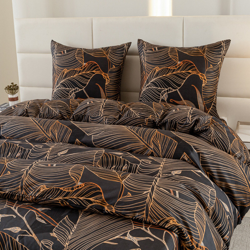 Pościel czarna w liście Lux 160x200 3 el.