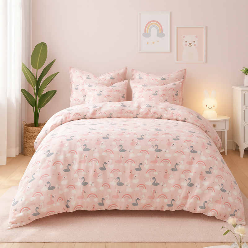 Pościel dziecięca młodzieżowa różowa w łabędzie i tęczę 160x200 4el A067