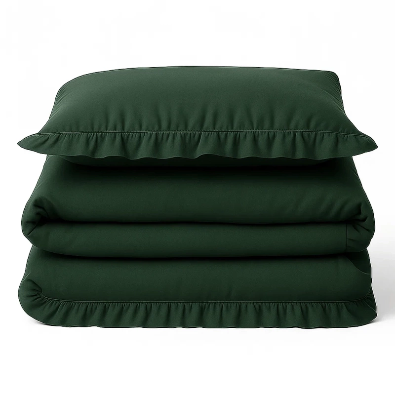 Pościel bawełniana z falbanką butelkowa zielona 160x200 3 el.