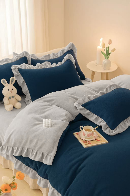 Pościel pluszowa z falbanką zimowa miś 200x220 3 el. granatowo-szara nr448