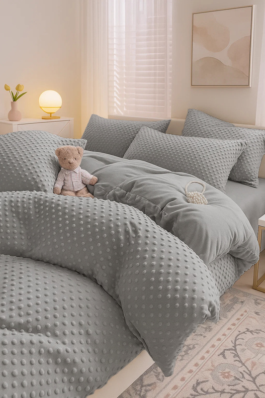 Pościel pluszowa zimowa miś w kropki 3D 200x220 3 el. MINKY jasna szara nr518 nr517