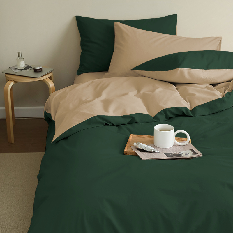 Pościel 200x220 4 el. gładka dwukolorowa butelkowa zielona - ciemna beżowa S-26