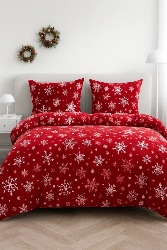 Pościel pluszowa zimowa miś świąteczna czerwona w śnieżynki 200x220 3 el.