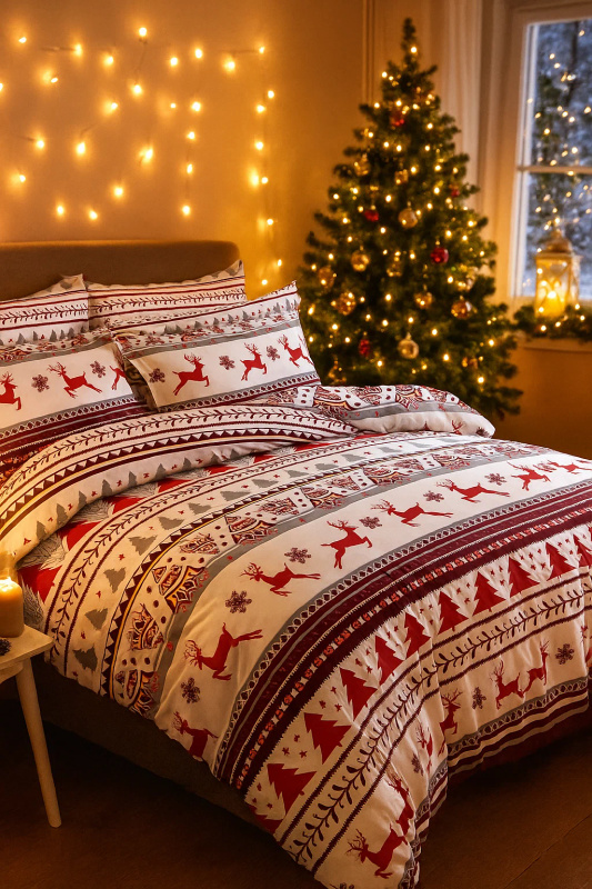 Pościel świąteczna biało-bordowa 160x200 3 el. A023