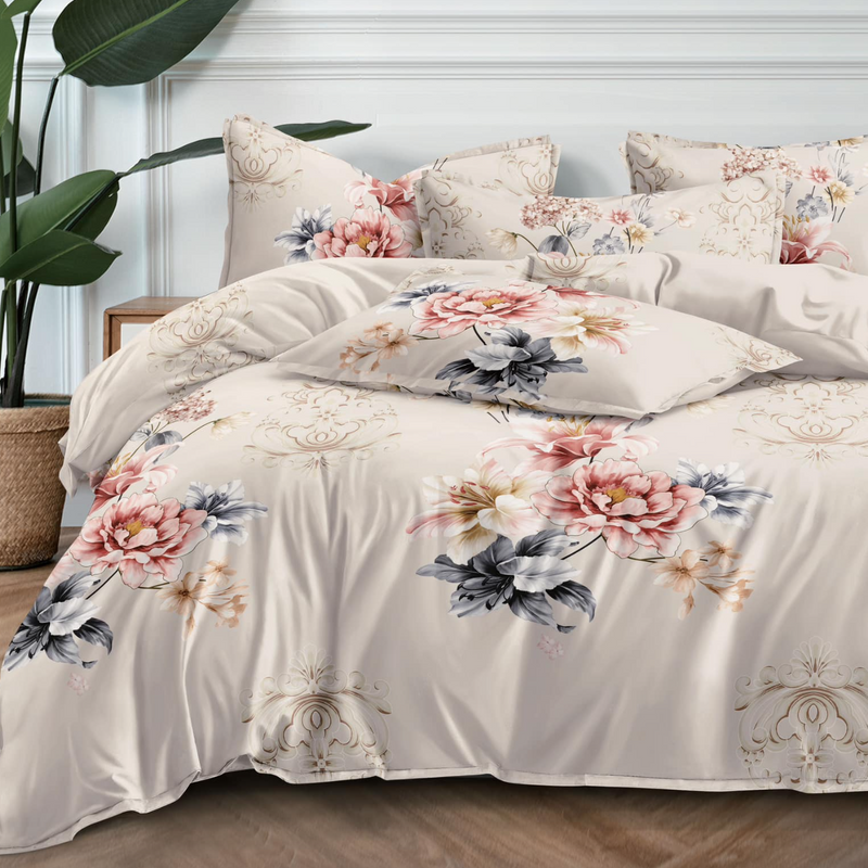 Pościel beżowa w różowe kwiaty 160x200 4el A058