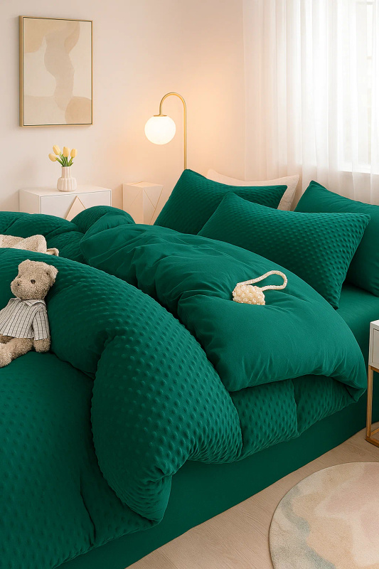 Pościel pluszowa zimowa miś w kropki 3D 200x220 3 el. MINKY butelkowa zielona nr519