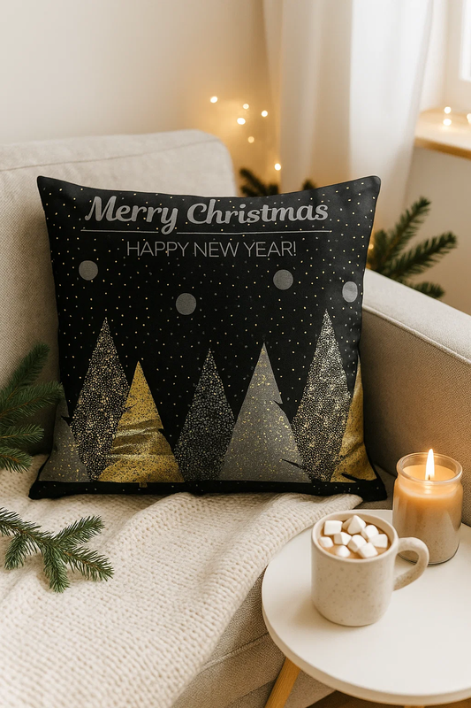 Poszewka na poduszkę świąteczna czarna w choinki 40x40