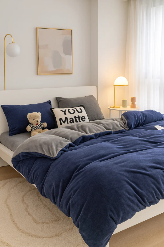 Pościel pluszowa welurowa zimowa miś gładka 160x200 4 el. niebieska - szara