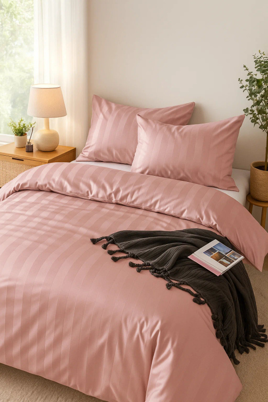 Pościel różowa w pasy 160x200 3 el. Kim Pink