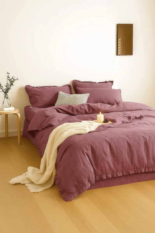 Pościel bawełniana z falbanką różowa 200x220 3 el.