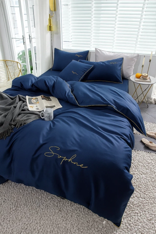 Pościel granatowa ze złotym zdobieniem lamówka 160x200 3 el. FHL2599