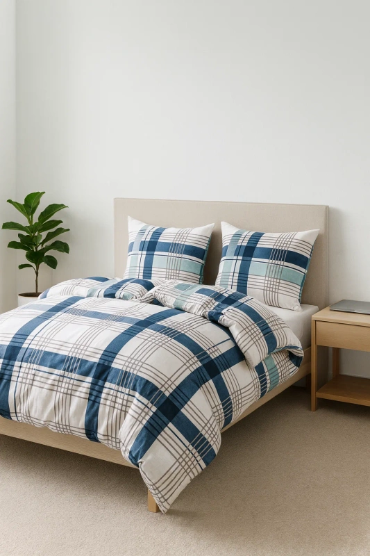 Pościel biało niebieska w kratę 200x220 3 el.