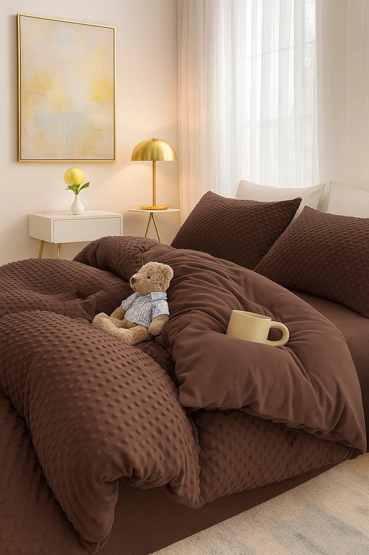 Pościel pluszowa zimowa miś w kropki 3D 200x220 3 el. MINKY brązowa czekoladowa