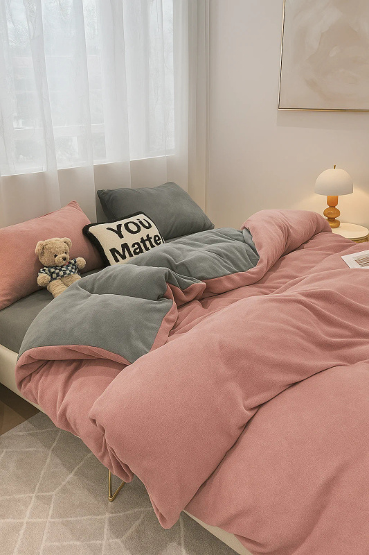 Pościel pluszowa welurowa zimowa miś gładka 160x200 4 el. różowa - szara