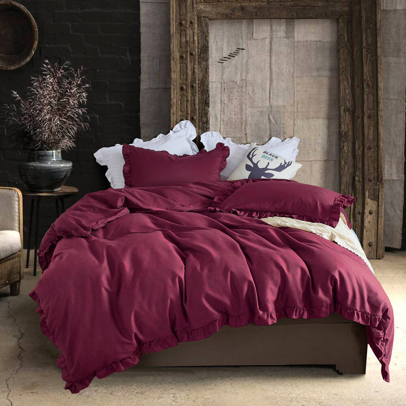 Pościel z falbanką bordowa 200x220 4 el.