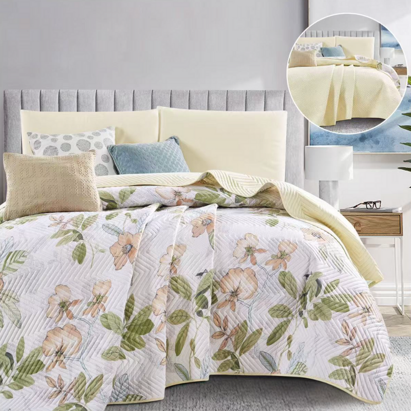 Kołdra letnia narzuta ozdobna dwustronna DIAMOND 160x200 biała w kwiaty - żółta nr418