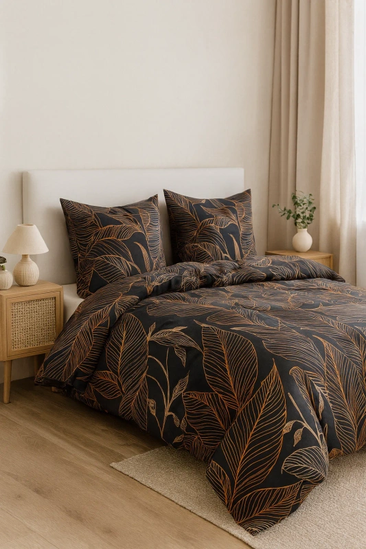 Pościel czarna w liście Lux 160x200 3 el.
