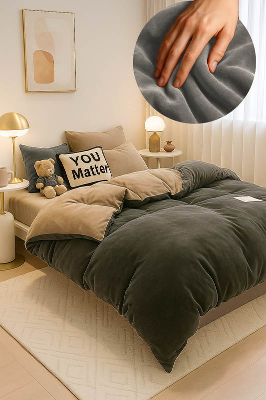 Pościel pluszowa welurowa zimowa miś gładka 160x200 3 el. ciemna szara - beżowa