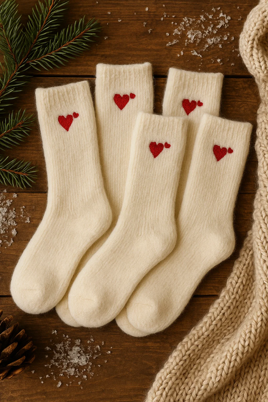 5-pak Skarpetki długie białe ecru wełniane z wełny merynosa w serca 35-38