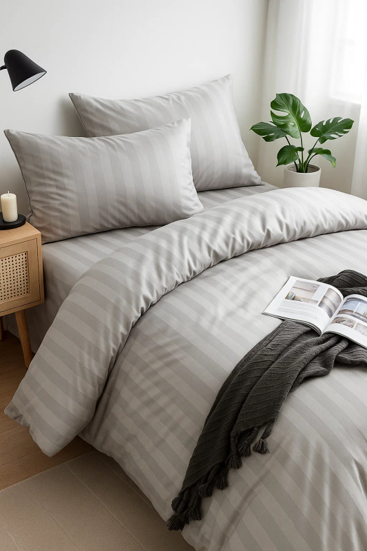 Pościel w pasy szara 200x220 3 el. Kim Light Grey H-003