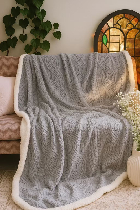 Koc pluszowy narzuta EDEN 200x220 z barankiem jasny szary