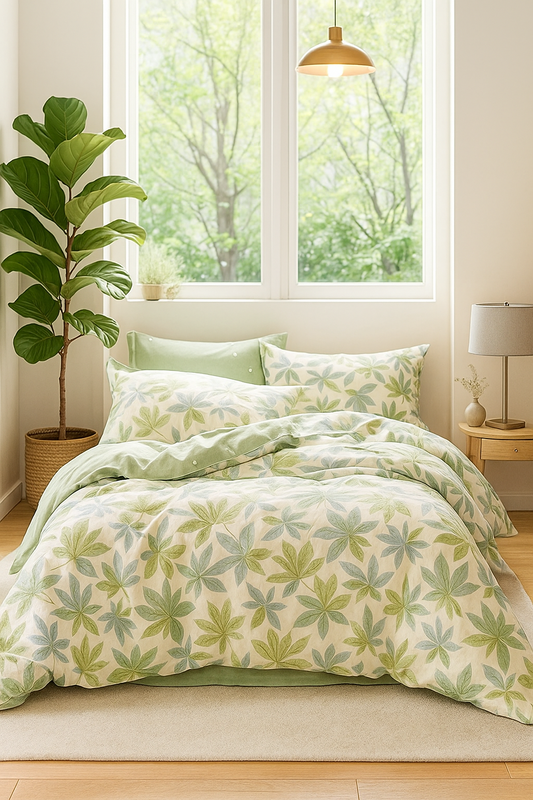 Pościel bawełniana biało-zielona w kwiatki i liście 160x200 3 el. L38