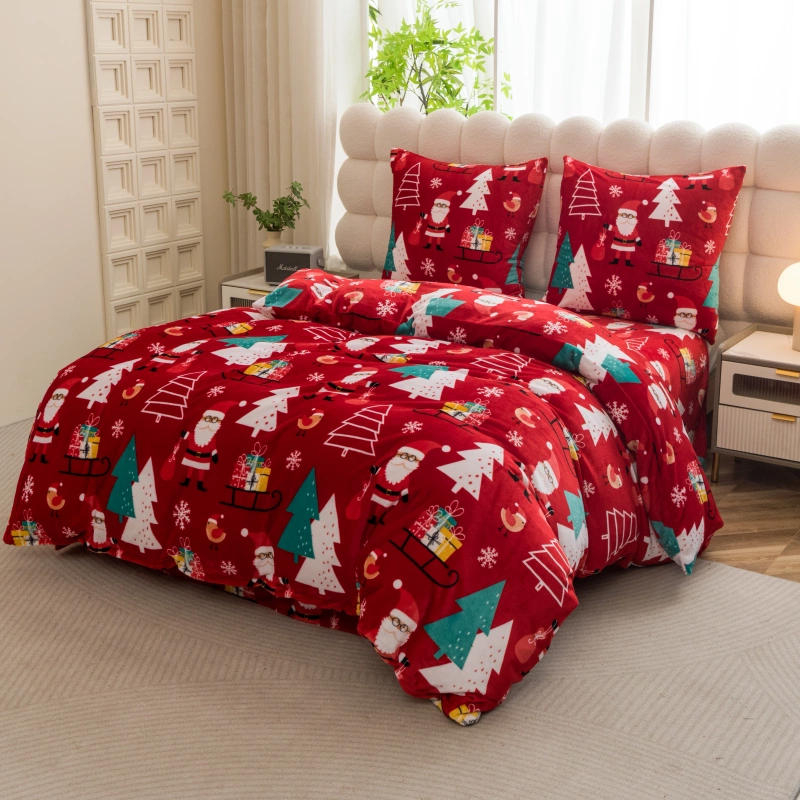 Pościel pluszowa zimowa miś świąteczna czerwona w mikołaje i choinki 200x220 3 el.