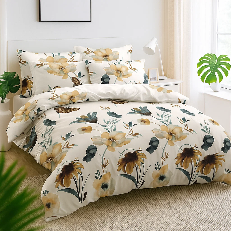 Pościel biało-beżowa w kwiaty 200x220 3 el. A078