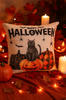 Poszewka na poduszkę Halloween biała z napisem, kotem, dyniami 40x40 HAPPY HALLOWEEN