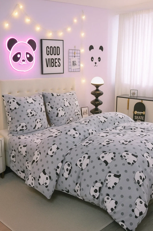 Pościel pluszowa zimowa miś jasna szara w pandy 160x200 3 el.