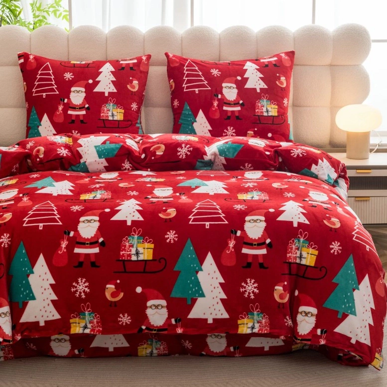 Pościel pluszowa zimowa miś świąteczna czerwona w mikołaje i choinki 200x220 3 el.