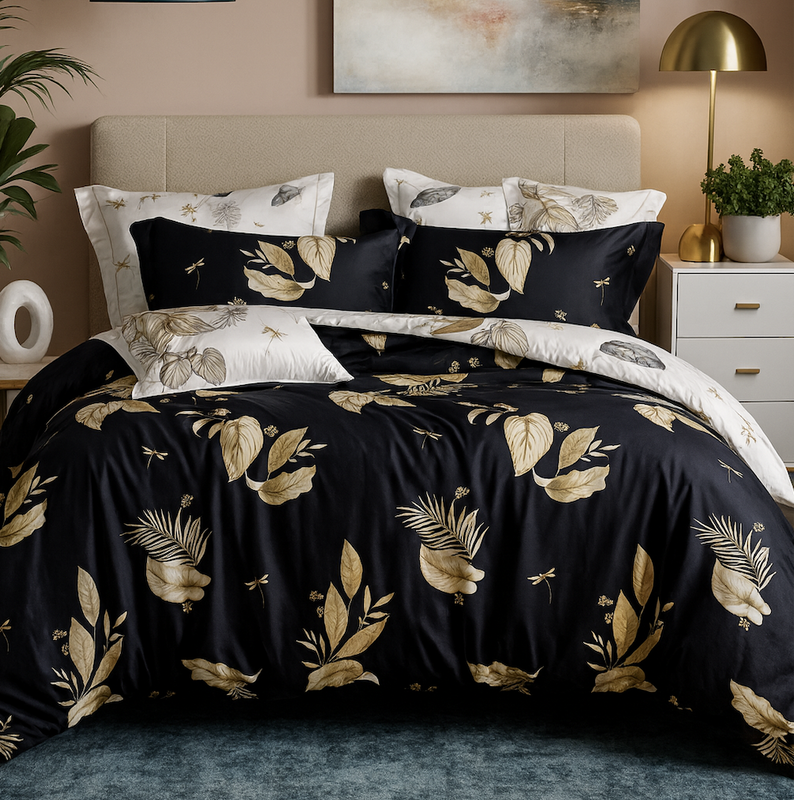 Pościel czarno-biała w liście 200x220 3 el. Sabinas C-117