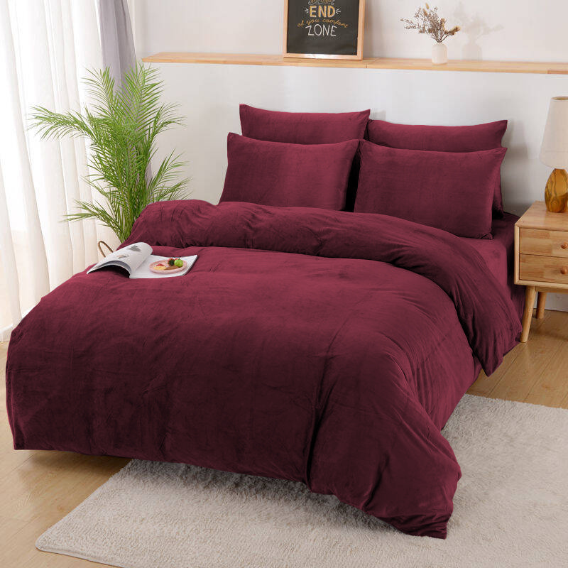 Pościel pluszowa zimowa miś gładka 200x220 3 el. bordowa czerwona K012