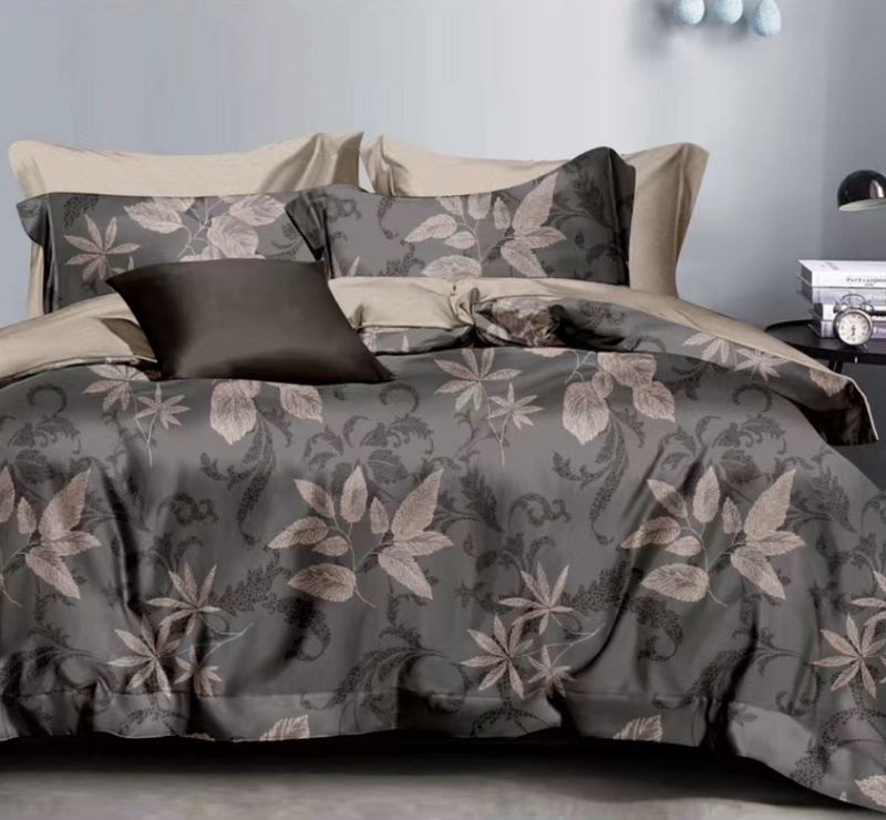 Pościel ciemna szara w liście 160x200 4 el. Rosarito C-114