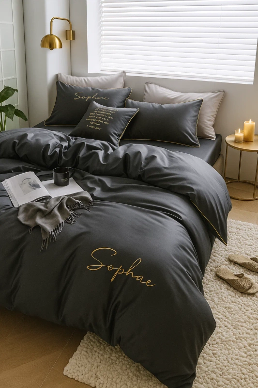 Pościel szara ze złotym zdobieniem lamówka 160x200 3 el. FHL2607/FHL2606