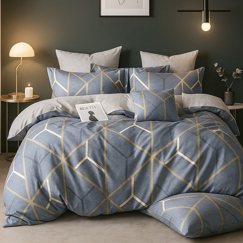 Pościel niebieska geometryczna 200x220 4 el. z prześcieradłem z gumką Grenoble D-119