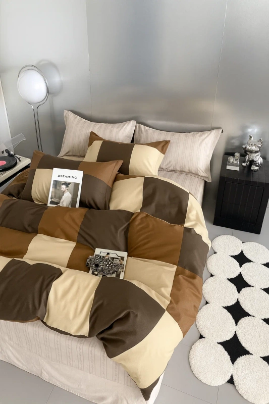 Pościel bawełniana w kratę 200x220 3 el. Mocha B-1541