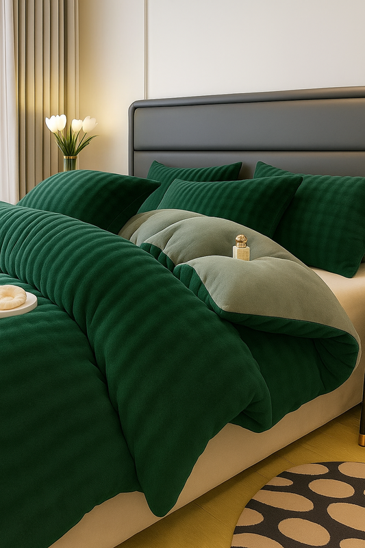 Pościel pluszowa zimowa miś tłoczona we wzór 3D BUBBLE 200x220 3 el. butelkowa zielona - szara