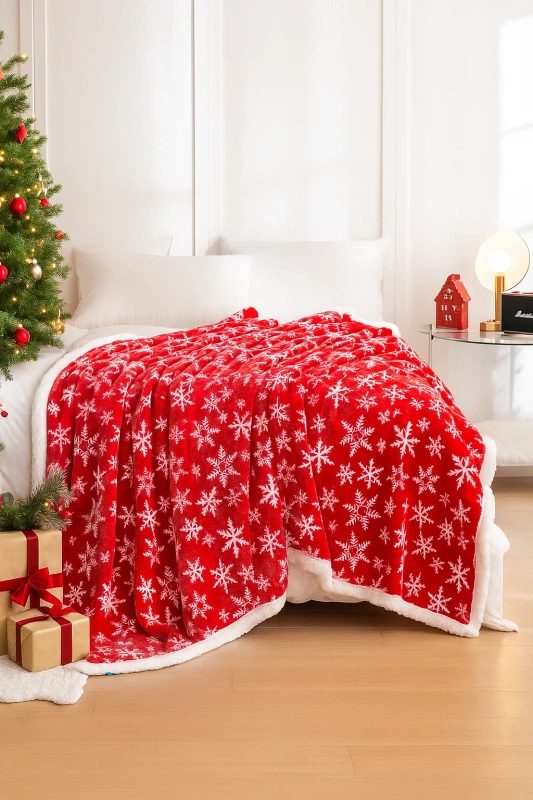 Koc pluszowy świąteczny narzuta z barankiem 160x200 biało-czerwony w śnieżynki
