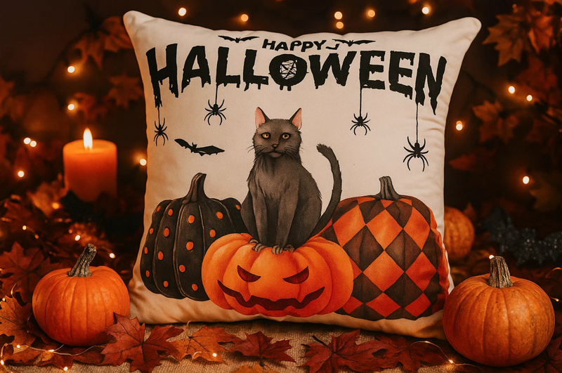 Poszewka na poduszkę Halloween biała z napisem, kotem, dyniami 40x40 HAPPY HALLOWEEN