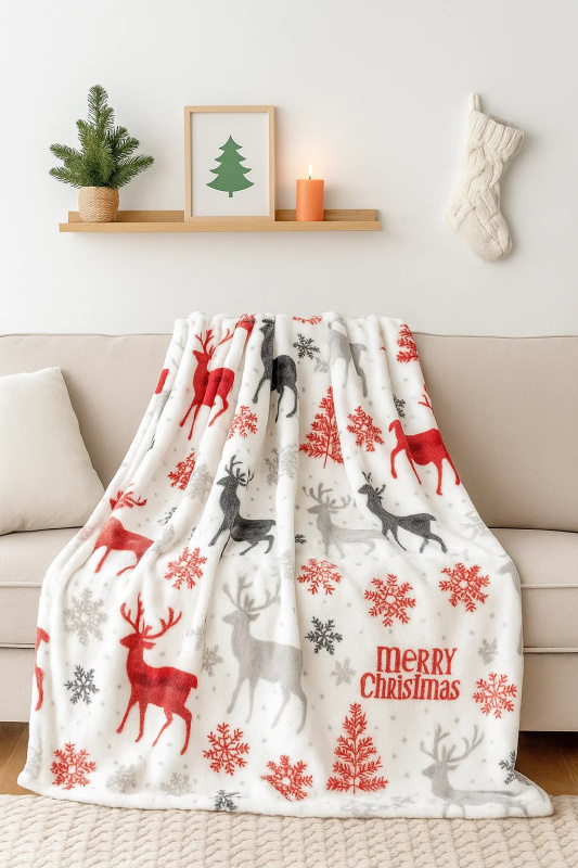 Koc świąteczny biały w renifery 160x200