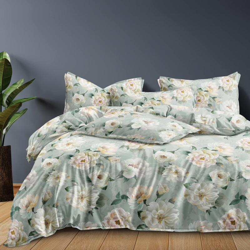 Pościel jasna zielona w kwiaty 160x200 4el A054