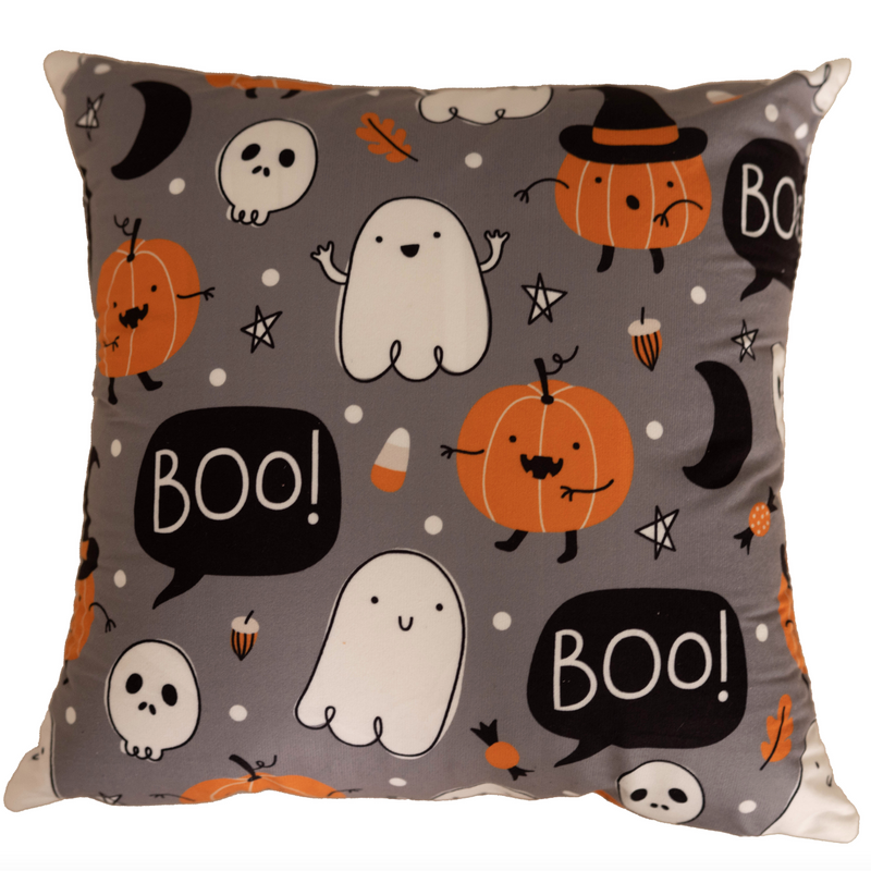 Poszewka na poduszkę Halloween szara w duszki dynie 40x40 BOO!