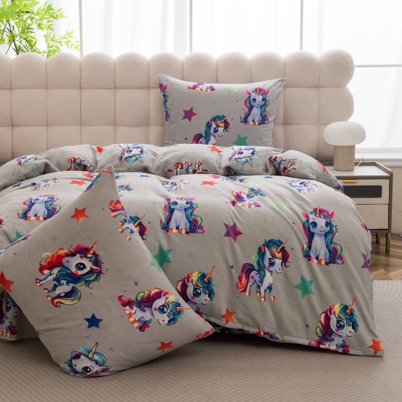 Pościel pluszowa zimowa miś jasna szara w jednorożce 160x200 3 el.