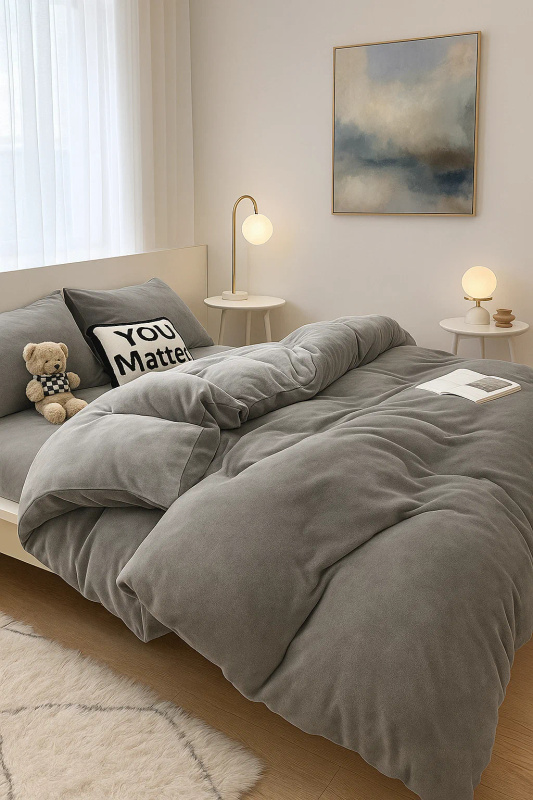 Pościel pluszowa welurowa zimowa miś gładka 160x200 3 el. ciemna szara