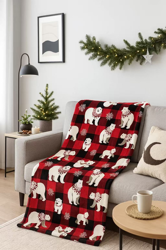 Koc świąteczny bordowo-czarny w kratę z misiami polarnymi 160x200