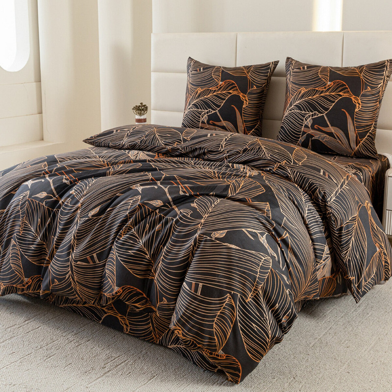 Pościel czarna w liście Lux 160x200 3 el.