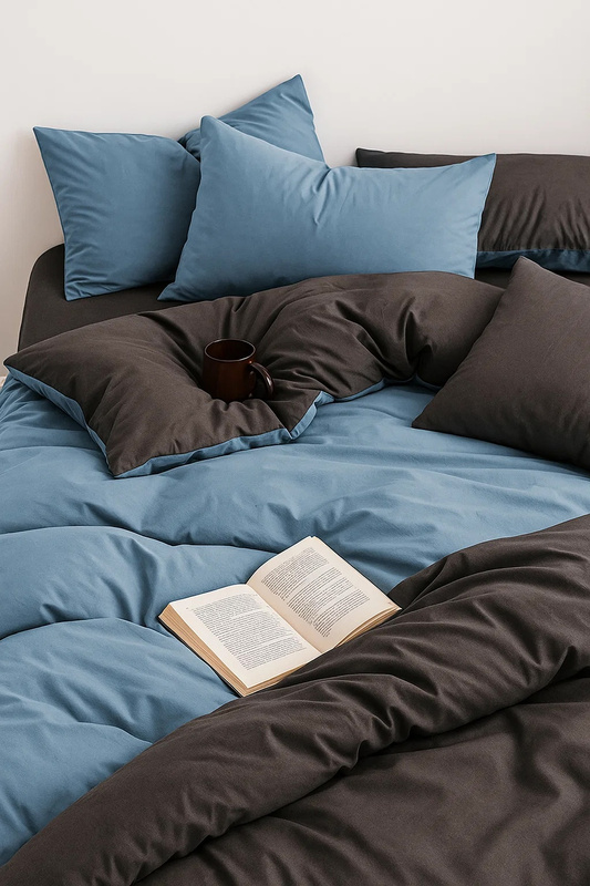 Pościel 160x200 4 el. z prześcieradłem z gumką gładka bez nadruku niebieska szara S-4