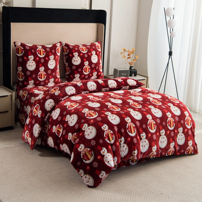 Pościel pluszowa zimowa miś świąteczna czerwona w bałwany 200x220 3 el.